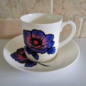 Wedgwood Blue Anemone Cup & Saucer Susie Cooper Vintage 1970s Design Mod Floral